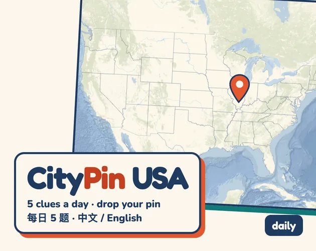 CityPin USA 城市定位挑战：美国地图上插着一枚红色图钉，下方是标题和“每日 5 题”